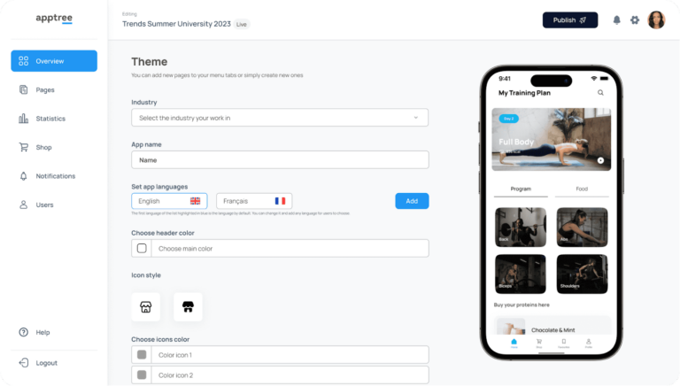 Interface de création d'applications sur Apptree, montrant les options de personnalisation du thème et un aperçu d'une application de fitness.