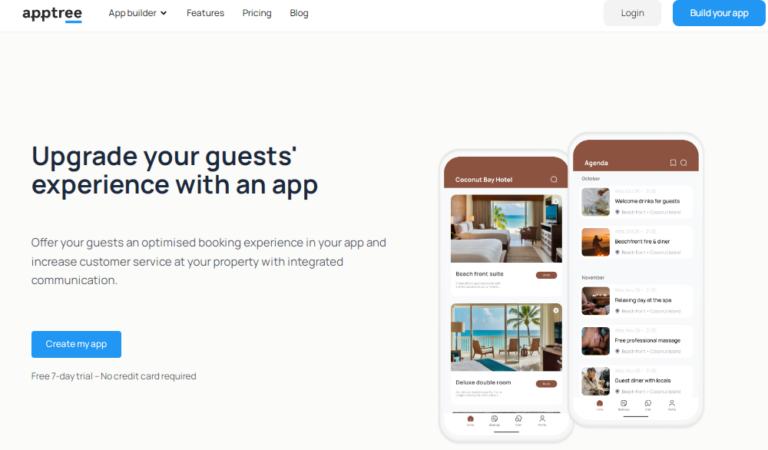Capture d'écran d'Apptree promouvant la création d'apps pour améliorer l'expérience client dans les hôtels.