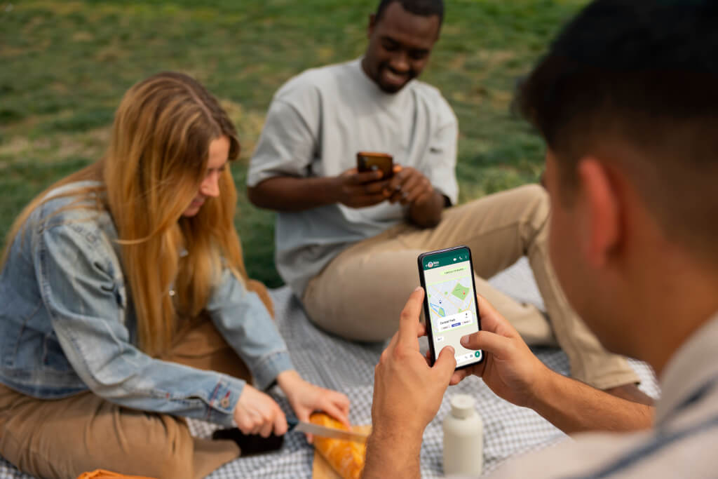 Trois personnes utilisant des smartphones en extérieur, illustrant l'interaction numérique via une application.